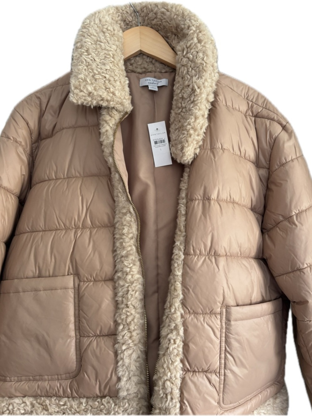 Ann Taylor Cream Beige Puffer Coat with Faux Shearling Trim